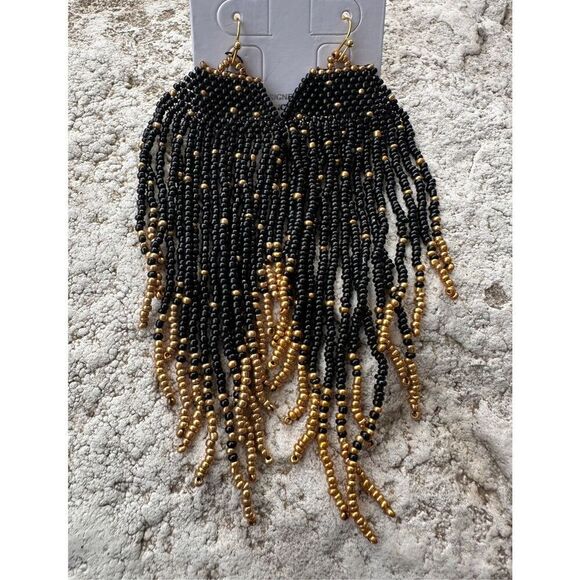 Western Earrings Black and Gold Fringe Dress Night Out Seed Beads - Picture 2 of 2